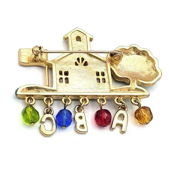 Schoolhouse Brooch With ABC & Beads Enameled Metal Multicolor Pin Closure 2in - Picture 2 of 4